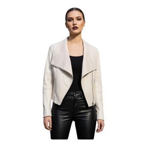 Bagatelle Jacket Women's Large Off White Faux Leather Moto Biker Open Front Zip